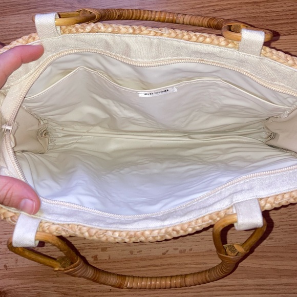 Vintage 70s Cross Stitch Straw Handbag Purse Florals Wicker Top Handles - Picture 5 of 5